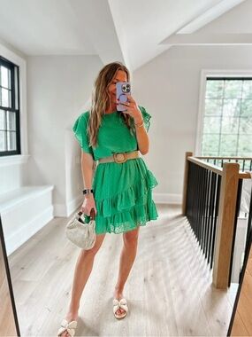 eesome Green felicity swiss dot Ruffle Tiered Mini Dress size L nwt